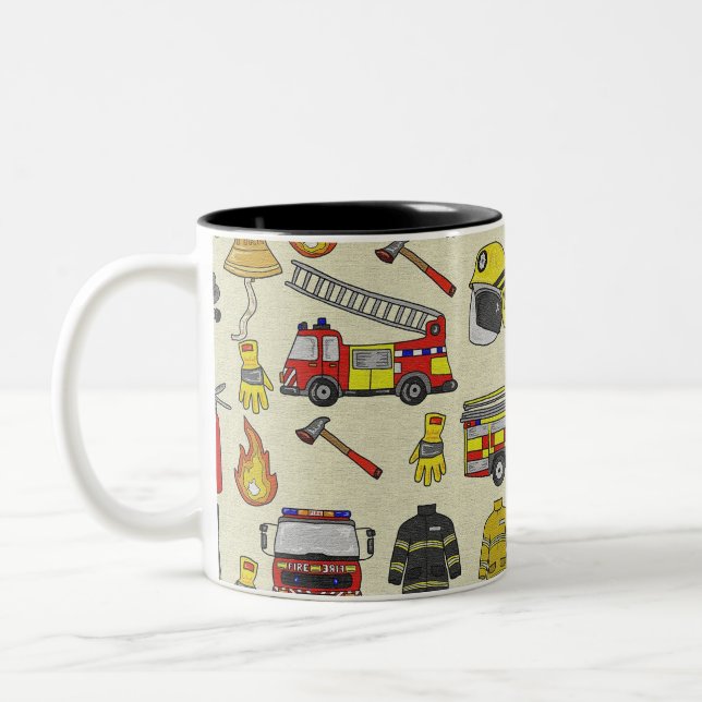 Firefighter Pattern, Fire Truck, Rescue Gear, Flam Two-Tone Coffee Mug (Left)