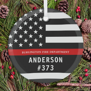 Firefighter Personalised Fireman Thin Red Line Glass Tree Decoration