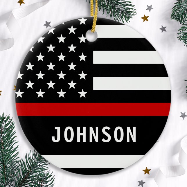 Firefighter Personalised Modern Thin Red Line Ceramic Ornament (Creator Uploaded)