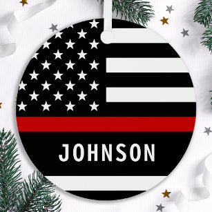 Firefighter Personalised Modern Thin Red Line Metal Tree Decoration