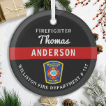 Firefighter Personalised Thin Red Line Fire Rescue Glass Tree Decoration<br><div class="desc">Personalised Thin Red Line Maltese Cross Firefighter Ornament - modern black red and silver design . Personalise with fire departments, firefighter name, or your text. This personalised firefighter ornament is perfect for fire departments, fire service, or as a memorial keepsake, christmas gifts or stocking stuffers. Order these firefighter ornaments bulk...</div>
