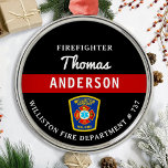 Firefighter Personalised Thin Red Line Fire Rescue Metal Ornament<br><div class="desc">Personalised Thin Red Line Maltese Cross Firefighter Ornament - modern black red and silver design . Personalise with fire departments, firefighter name, or your text. This personalised firefighter ornament is perfect for fire departments, fire service, or as a memorial keepsake, christmas gifts or stocking stuffers. Order these firefighter ornaments bulk...</div>