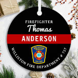 Firefighter Personalised Thin Red Line Fire Rescue Metal Tree Decoration<br><div class="desc">Personalised Thin Red Line Maltese Cross Firefighter Ornament - modern black red and silver design . Personalise with fire departments, firefighter name, or your text. This personalised firefighter ornament is perfect for fire departments, fire service, or as a memorial keepsake, christmas gifts or stocking stuffers. Order these firefighter ornaments bulk...</div>