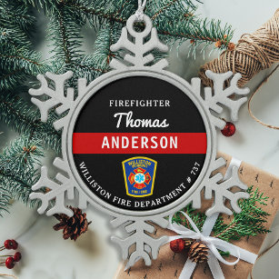 Firefighter Personalised Thin Red Line Fire Rescue Snowflake Pewter Christmas Ornament