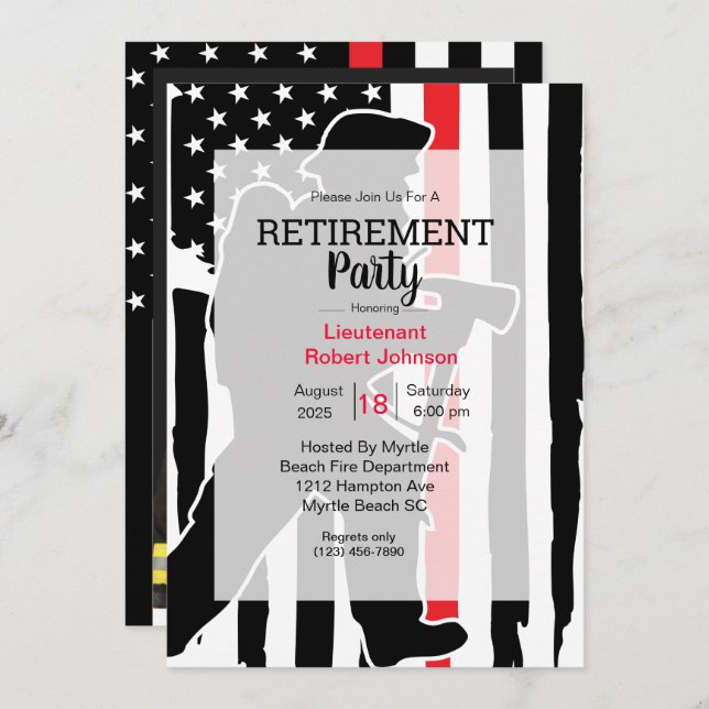 Firefighter Photo American Flag Retirement Party Invitation (Front/Back)