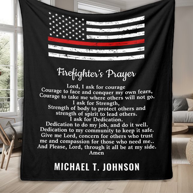 Firefighter Prayer Thin Red Line Personalised Name Fleece Blanket (Creator Uploaded)
