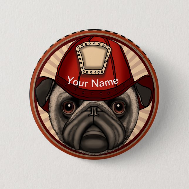 Firefighter Pug  6 Cm Round Badge (Front)