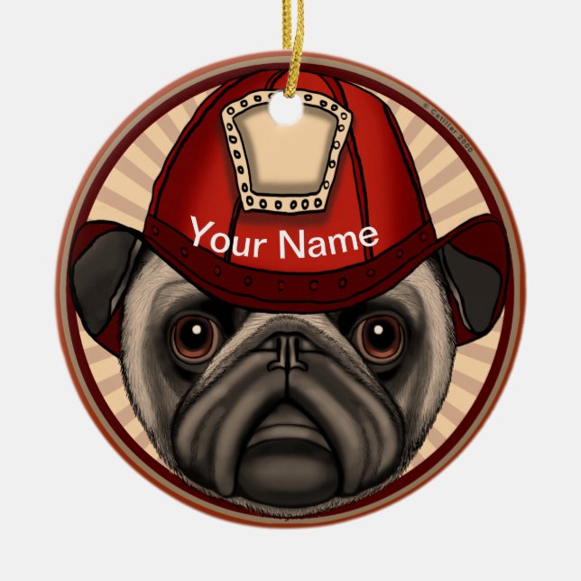 Firefighter Pug  Ceramic Ornament (Front)