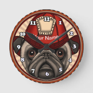 Firefighter Pug Round Clock