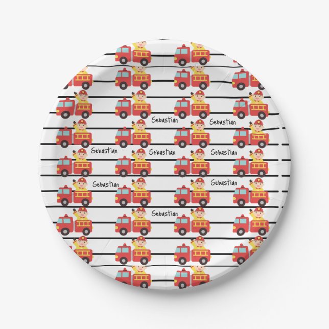 Firefighter red and fire truck pattern custom pape paper plate (Front)