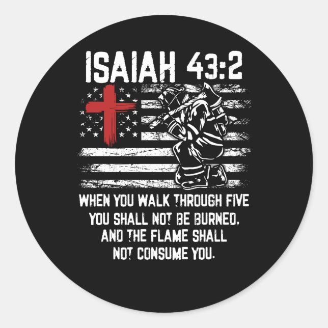Firefighter Red Cross Bible Verse American Flag Is Classic Round Sticker (Front)