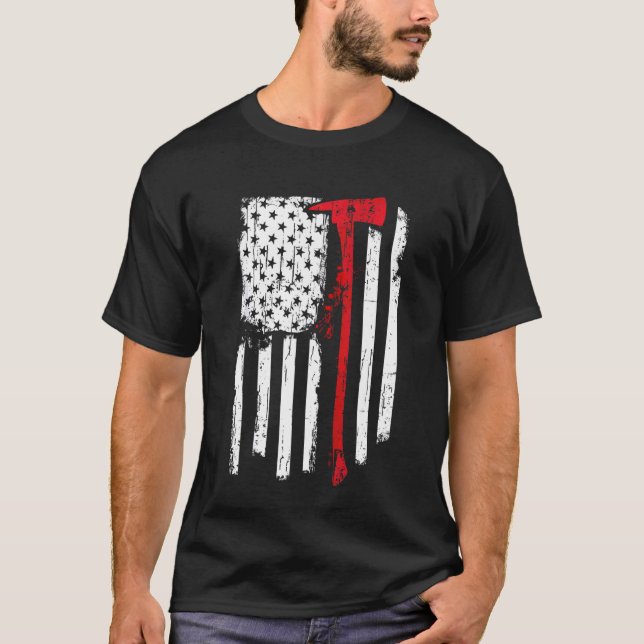 Firefighter Red Line American Flag With Fireman Ax T-Shirt (Front)