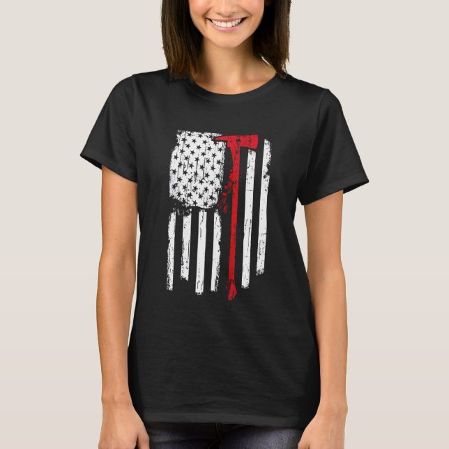 Firefighter Red Line American Flag With Fireman Ax T-Shirt (Front)