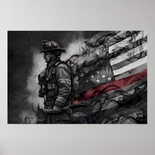 Firefighter Red Line Tribute Smoke American Flag Poster