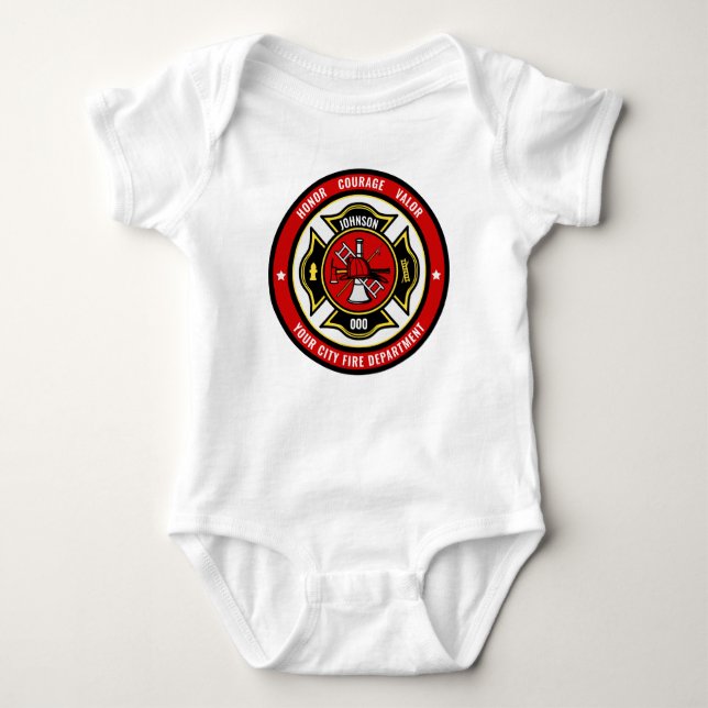 Firefighter Rescue ADD NAME Fire Department Badge Baby Bodysuit (Front)