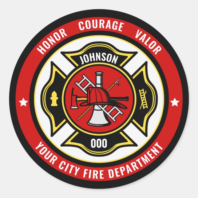 Firefighter Rescue ADD NAME Fire Department Badge Classic Round Sticker (Front)