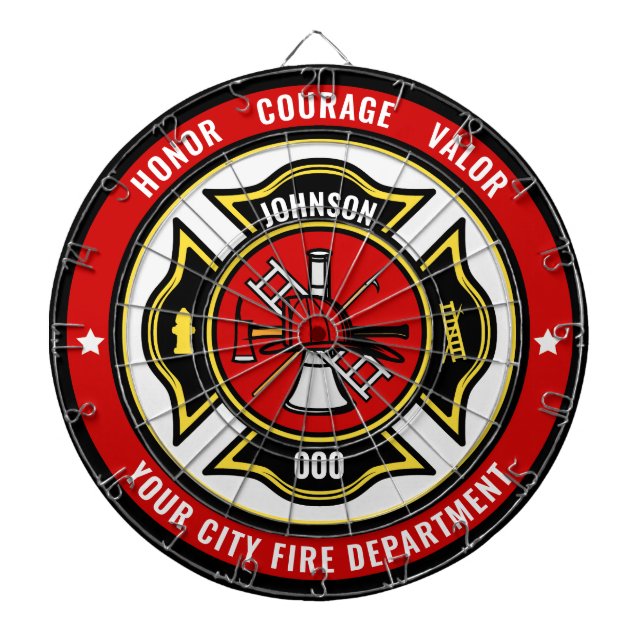 Firefighter Rescue ADD NAME Fire Department Badge Dartboard (Front)