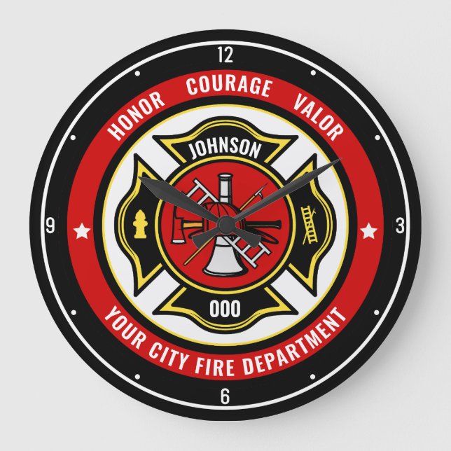 Firefighter Rescue ADD NAME Fire Department Badge Large Clock (Front)