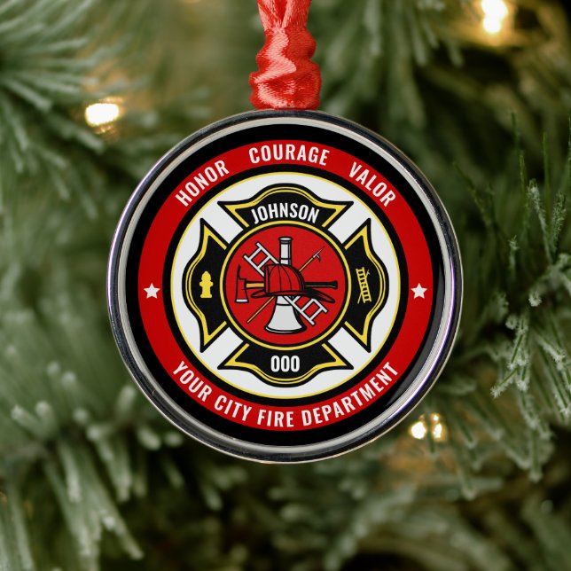 Firefighter Rescue ADD NAME Fire Department Badge Metal Ornament (Tree)