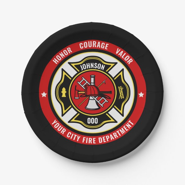 Firefighter Rescue ADD NAME Fire Department Badge Paper Plate (Front)