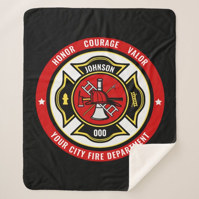 Firefighter Rescue ADD NAME Fire Department Badge Sherpa Blanket (Front)