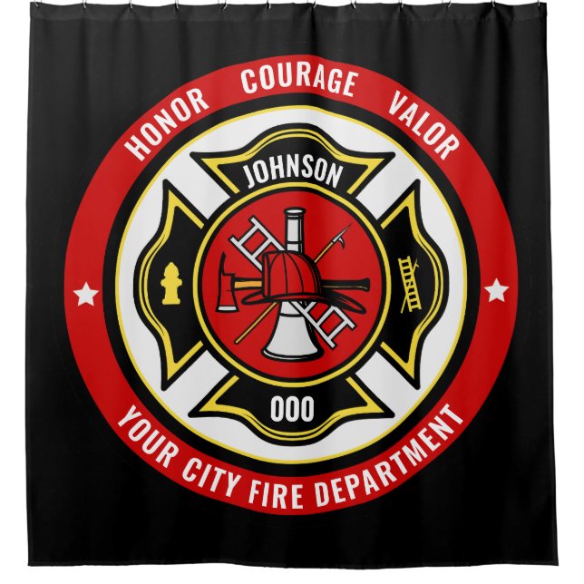 Firefighter Rescue ADD NAME Fire Department Badge Shower Curtain (Front)