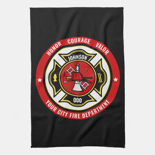 Firefighter Rescue ADD NAME Fire Department Badge Tea Towel (Vertical)