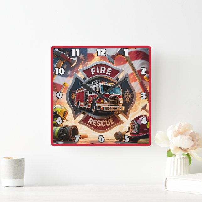 Firefighter Rescue Truck Hero Square Wall Clock (Home)