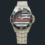 Firefighter Retirement Modern Years Thin Red Line Watch<br><div class="desc">Celebrate and show your appreciation to an outstanding Firefighter with this Thin Red Line Retirement or Anniversary Firefighter Watch - American flag design in Firefighter Flag colours in a modern black and red design . Perfect for service awards and Firefighter Retirement gifts . Personalise this firefighter retirement watch with name,...</div>