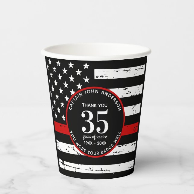 Firefighter Retirement Party Custom Thin Red Line Paper Cups (Front)