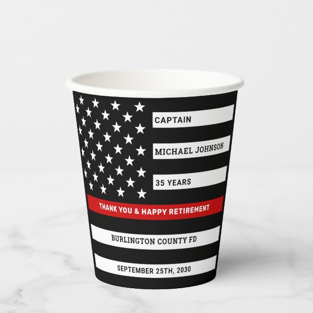 Firefighter Retirement Party Thin Red Line Paper Cups (Front)