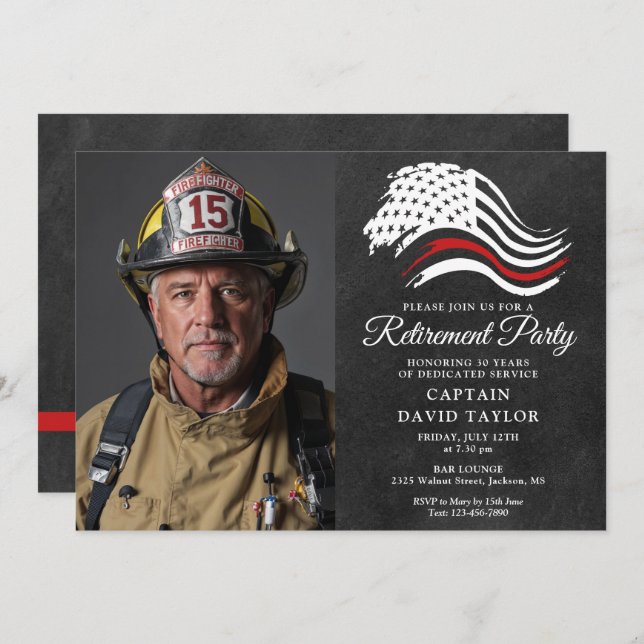 Firefighter Retirement Party Thin Red Line Photo Invitation (Front/Back)