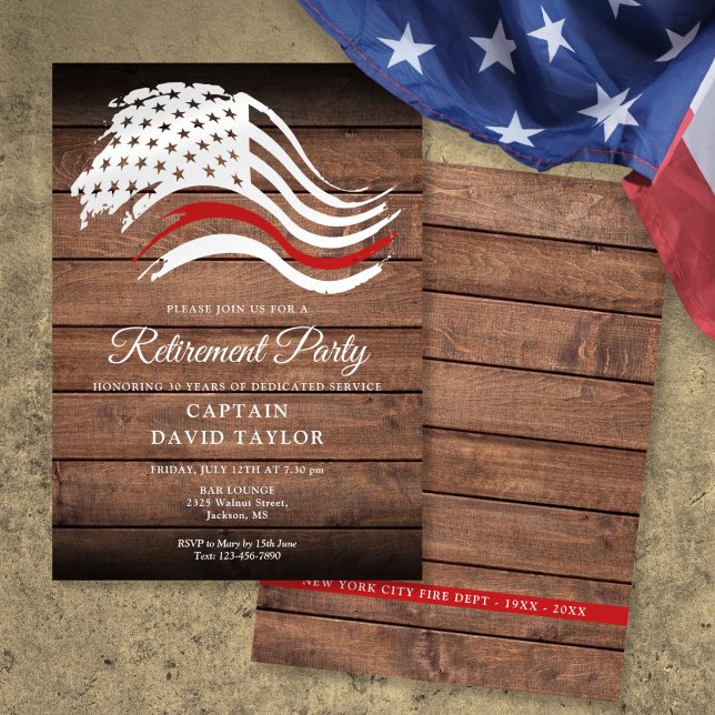 Firefighter Retirement Party Thin Red Line Rustic Invitation (Firefighter Retirement Party Thin Red Line Rustic Invitation)