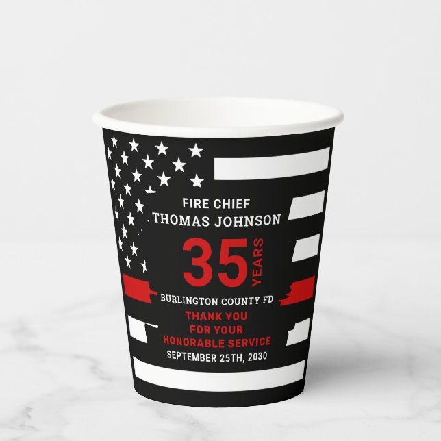 Firefighter Retirement Personalised Thin Red Line Paper Cups (Front)