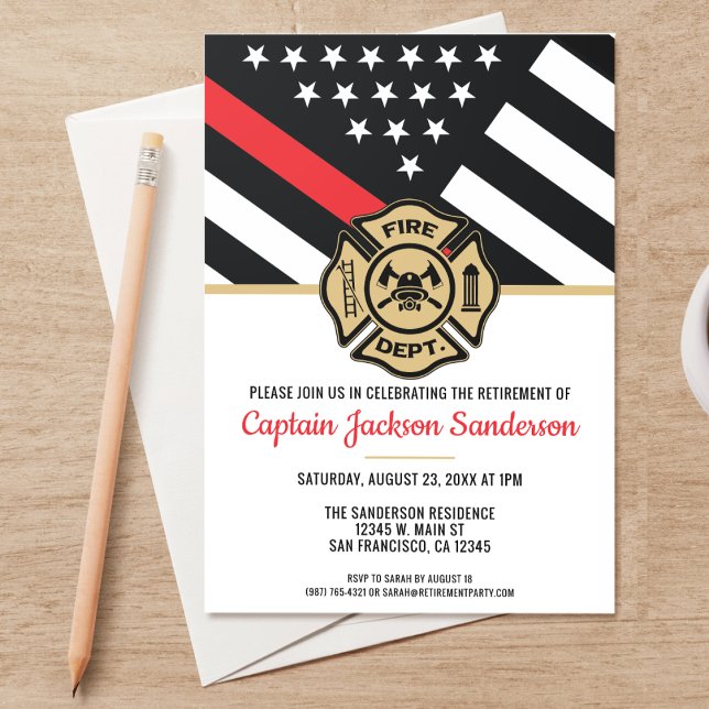 Firefighter Retirement Red Line Flag Fireman Invitation (A perfect invitation for a retiring firefighter, captain, lieutenant, chief, etc! )