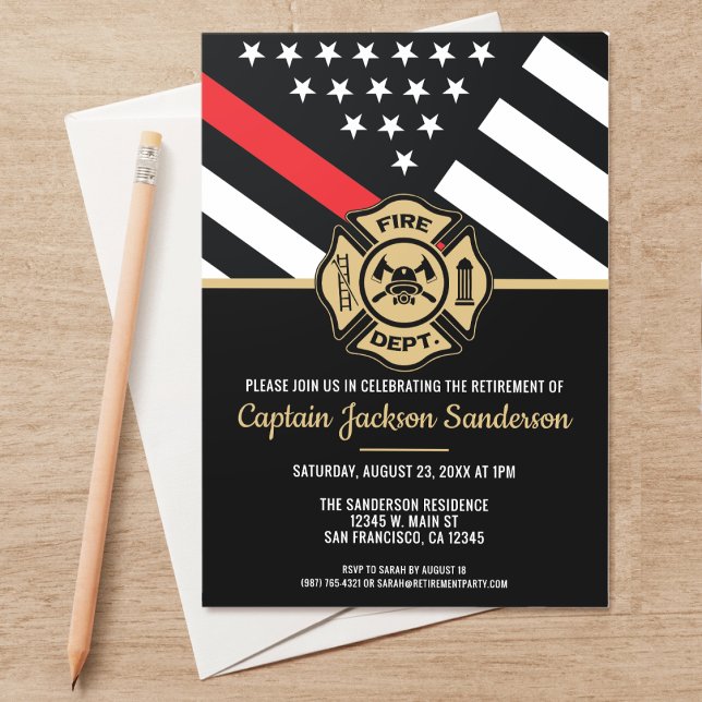 Firefighter Retirement Red Line Flag Fireman Invitation (A perfect invitation for a retiring firefighter, captain, lieutenant, chief, etc! )