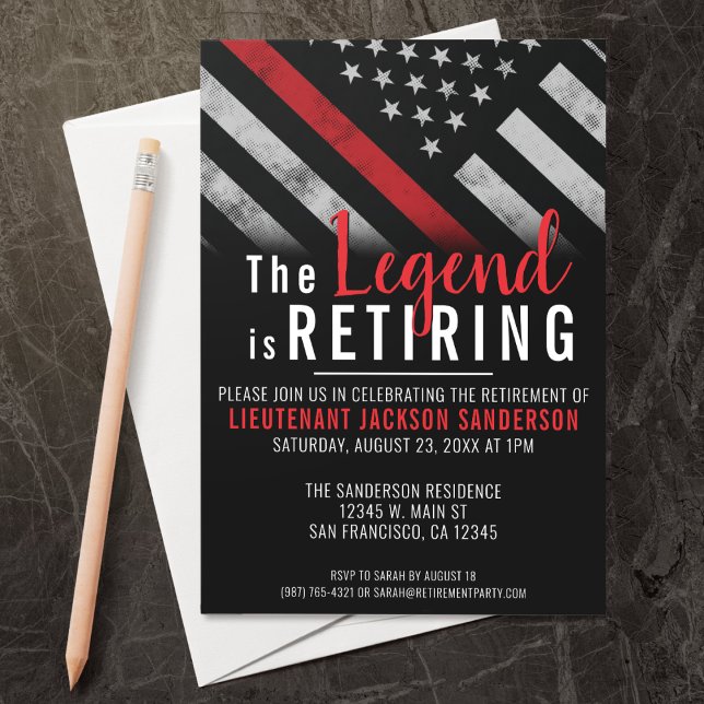 Firefighter Retirement Red Line Flag Fireman Invitation (Perfect for a retirement party for retiring firefighters, lieutenants, captains, etc!)
