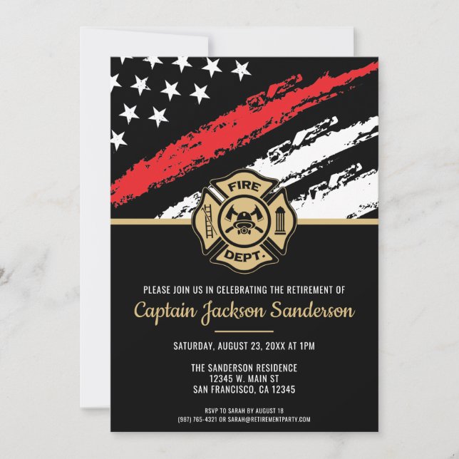 Firefighter Retirement Red Line Flag Fireman Invitation (Front)