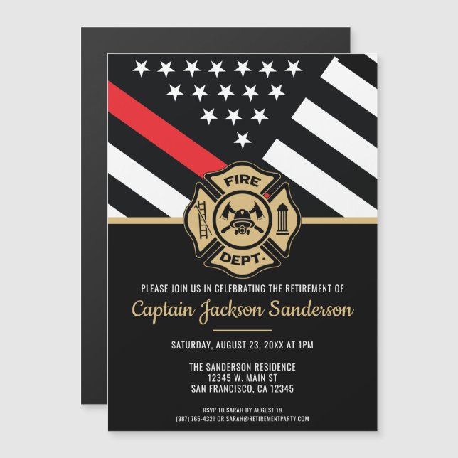 Firefighter Retirement Red Line Flag Fireman Magnetic Invitation (Front/Back)
