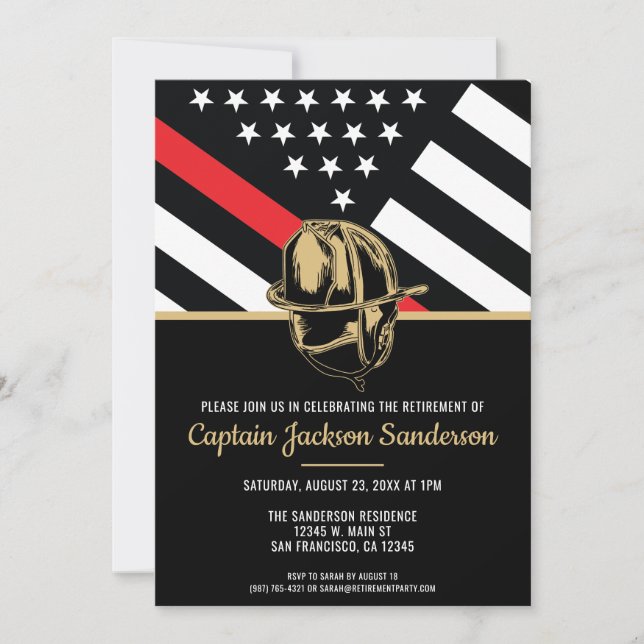 Firefighter Retirement Red Line Flag Fireman Party Invitation (Front)