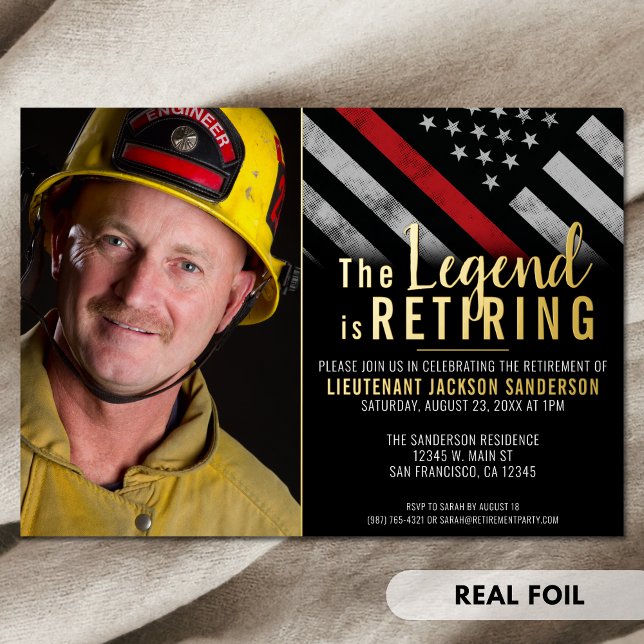 Firefighter Retirement Red Line Flag Fireman Photo (Firefighter Retirement Red Line Flag Fireman Photo Foil Invitation)