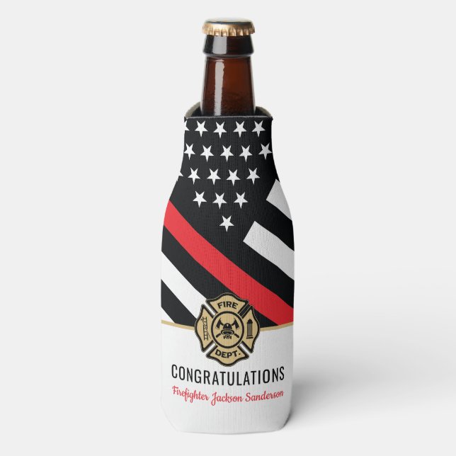 Firefighter Retirement Thin Red Line Flag Congrats Bottle Cooler (Bottle Front)