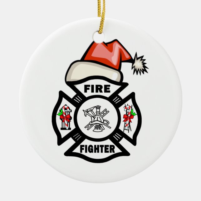 Firefighter Santa Claus Ceramic Tree Decoration (Front)