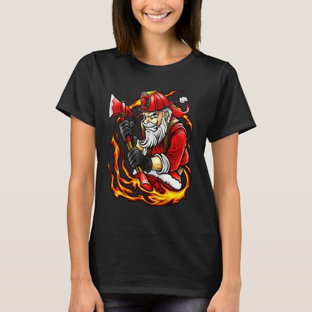 Firefighter Santa Volunteer Fire Axe Beard Fireman T-Shirt (Front)