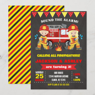 Firefighter Siblings Boy Girl Joint Birthday Invitation