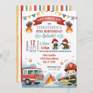 Firefighter Splash Boys Summer Birthday Pool Party Invitation