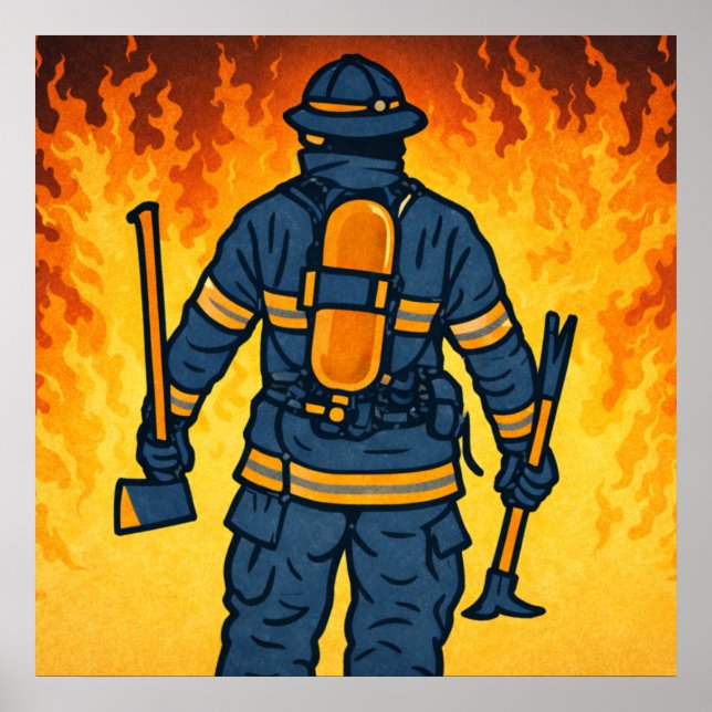 Firefighter Standing Against the Flames Poster (Front)