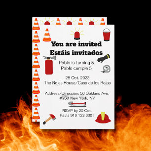 Firefighter Theme Bilingual Birthday Boy Party Invitation