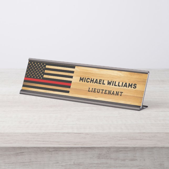 Firefighter Thin Red Line America Flag Rustic Wood Desk Name Plate (Front)