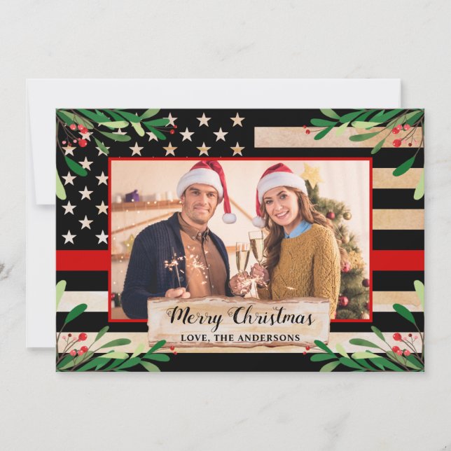 Firefighter Thin Red Line American Flag Christmas Holiday Card (Front)